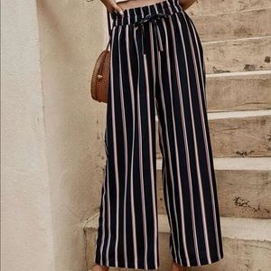 Striped Tie Paperbag Waist Wide Leg Pants